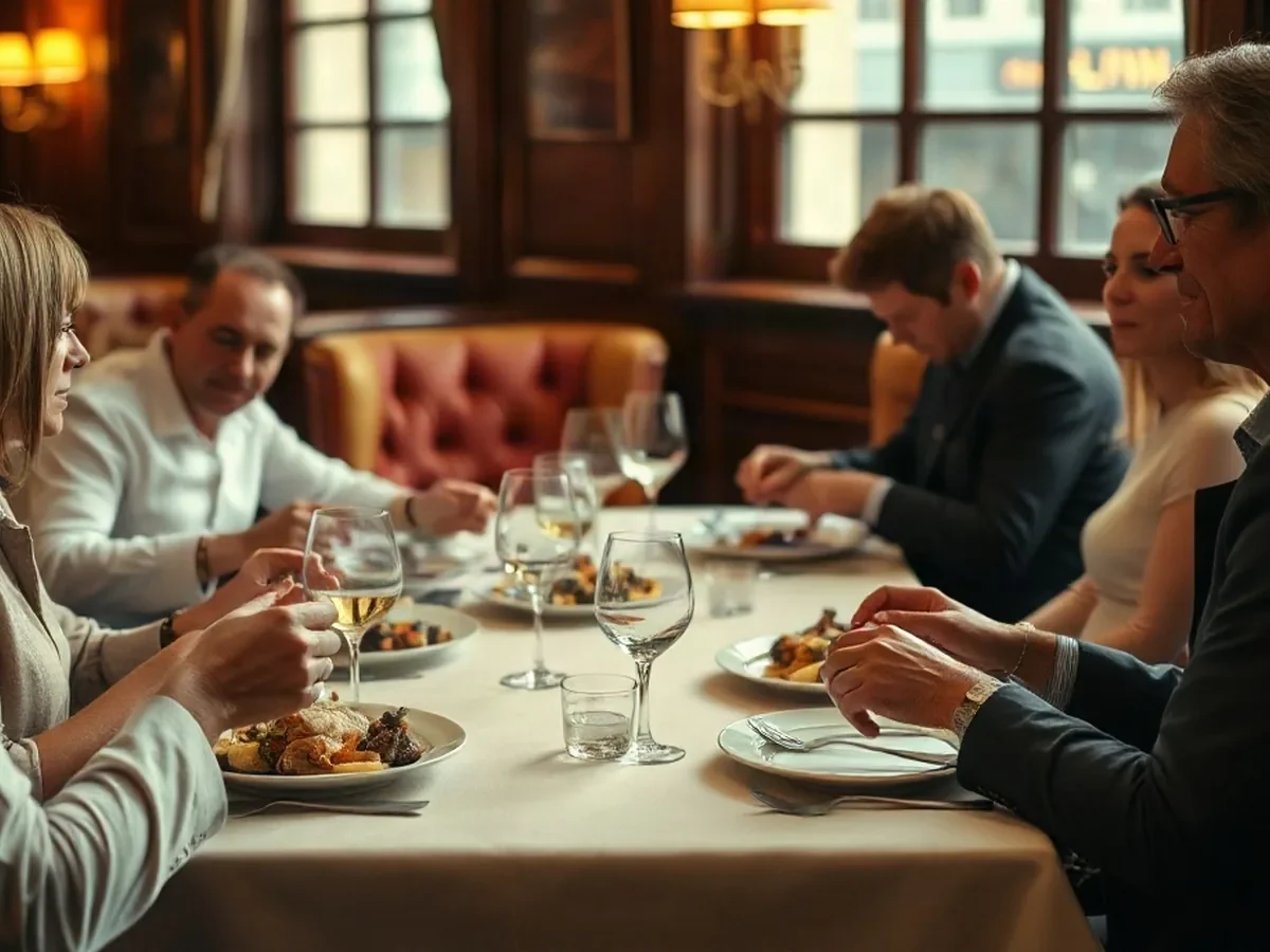 Adult diners sharing a meal at a cream linen table in warm light.
