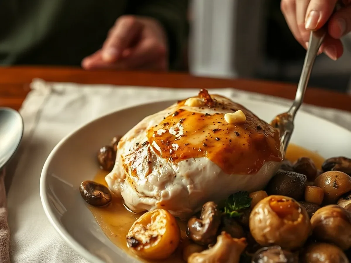 Roast chicken with wine-braised shallots, mushrooms and buttered roots.